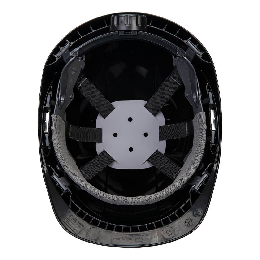 Innenansicht des schwarzen Schutzhelms Endurance PS55 Portwest mit ergonomischer 6-Punkt-Aufhängung und gepolstertem Stirnband.