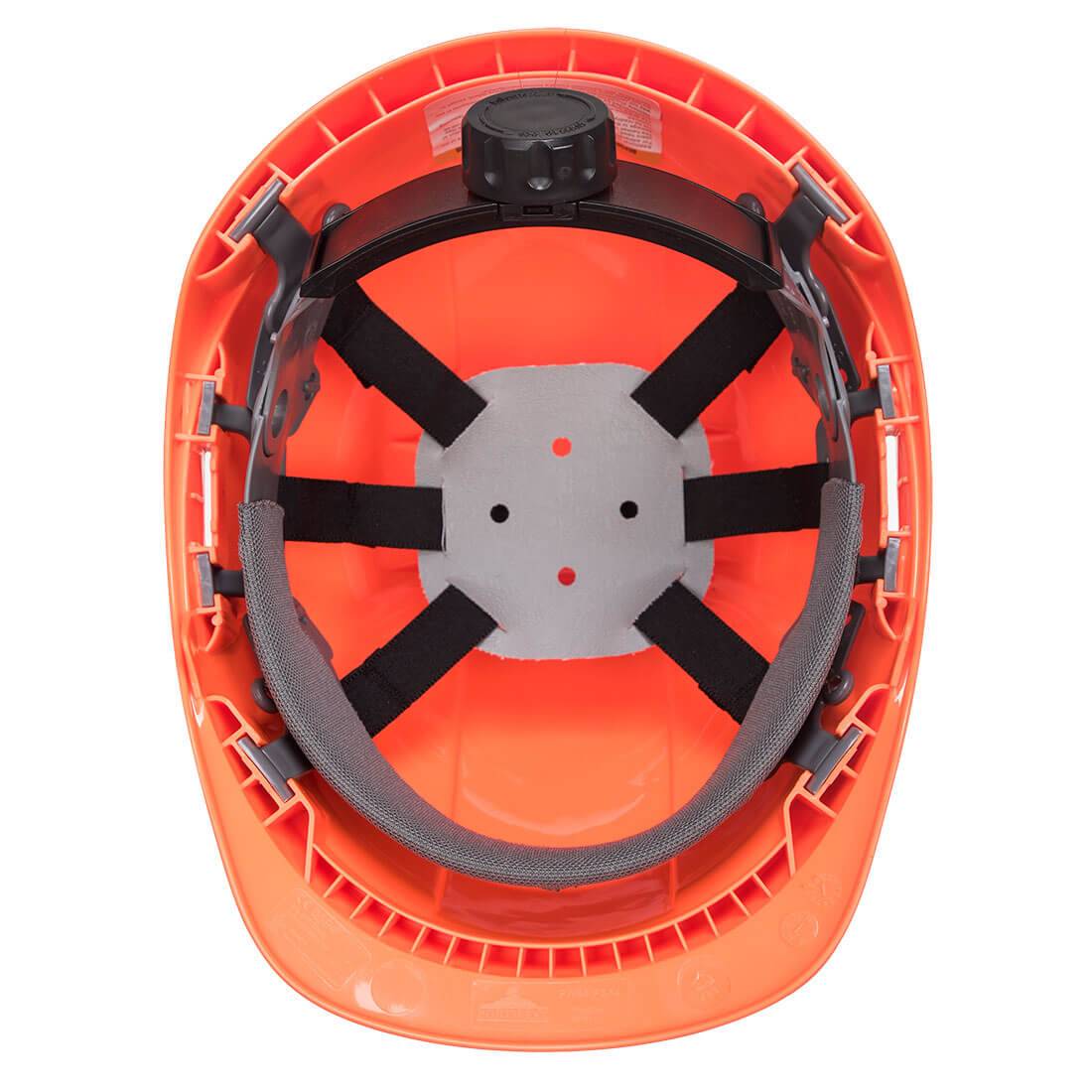 Innenansicht des orangefarbenen Schutzhelms Endurance PS55 Portwest mit komfortabler 6-Punkt-Innenausstattung und Drehverschluss.