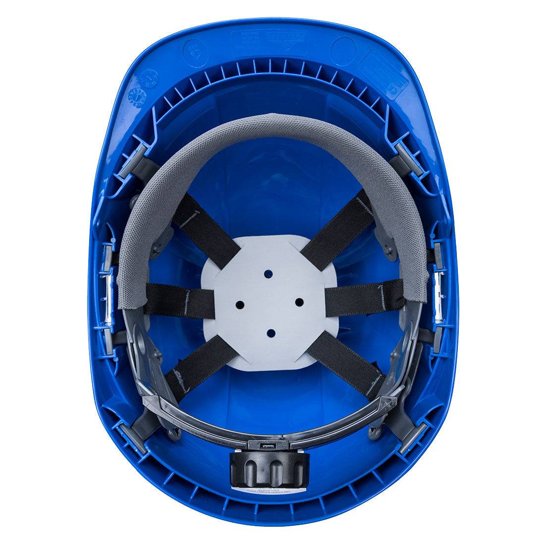 Innenansicht des blauen Schutzhelms Endurance PS55 Portwest mit 6-Punkt-Aufhängung und komfortabler Passform für den Dauereinsatz.