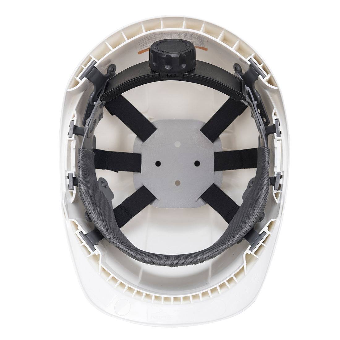 Innenansicht des weißen Schutzhelms Endurance PS55 Portwest mit gepolstertem Stirnband und verstellbarem Tragesystem.