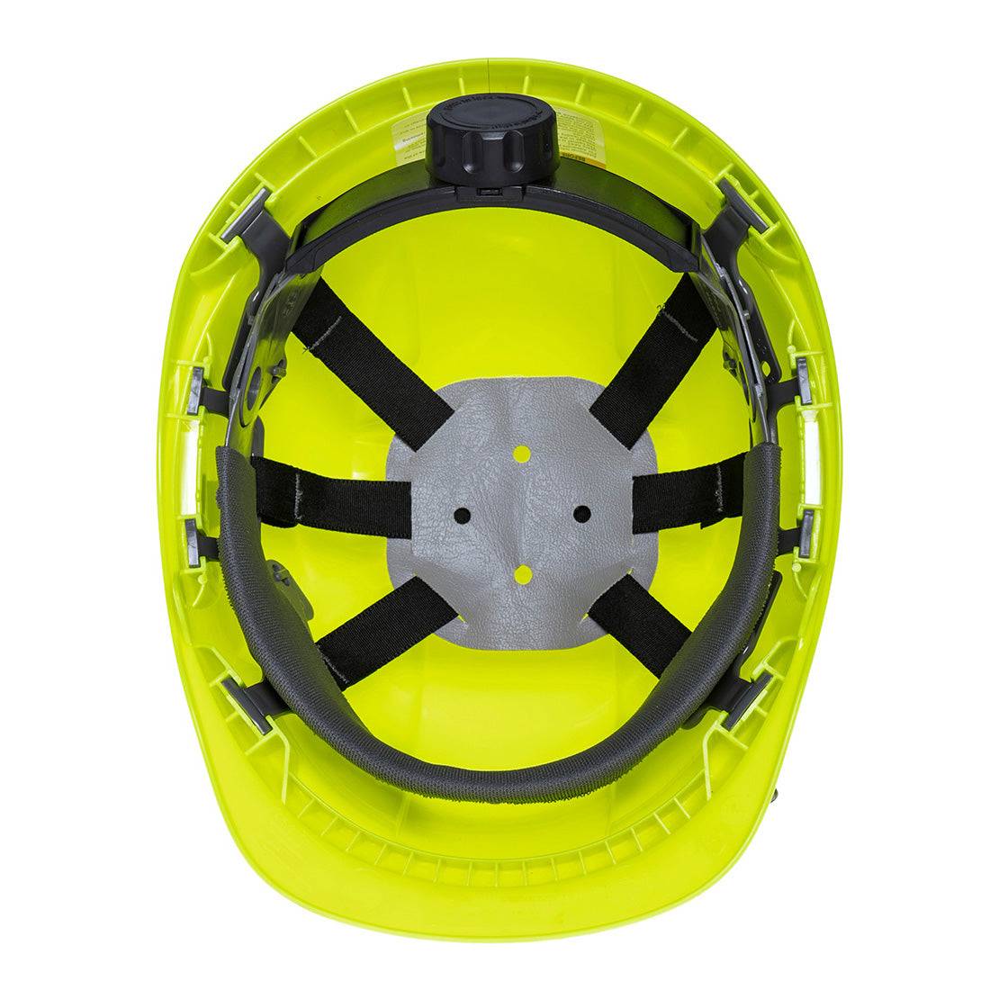 Innenansicht des gelben Schutzhelms Endurance PS55 Portwest mit verstellbarem Drehverschluss und gepolsterter 6-Punkt-Aufhängung.