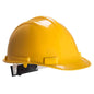 Gelber Schutzhelm Portwest PS57 mit 4-Punkt-Gurt und Verstellrad, geeignet für industrielle Sicherheitsanforderungen und elektrische Arbeiten.