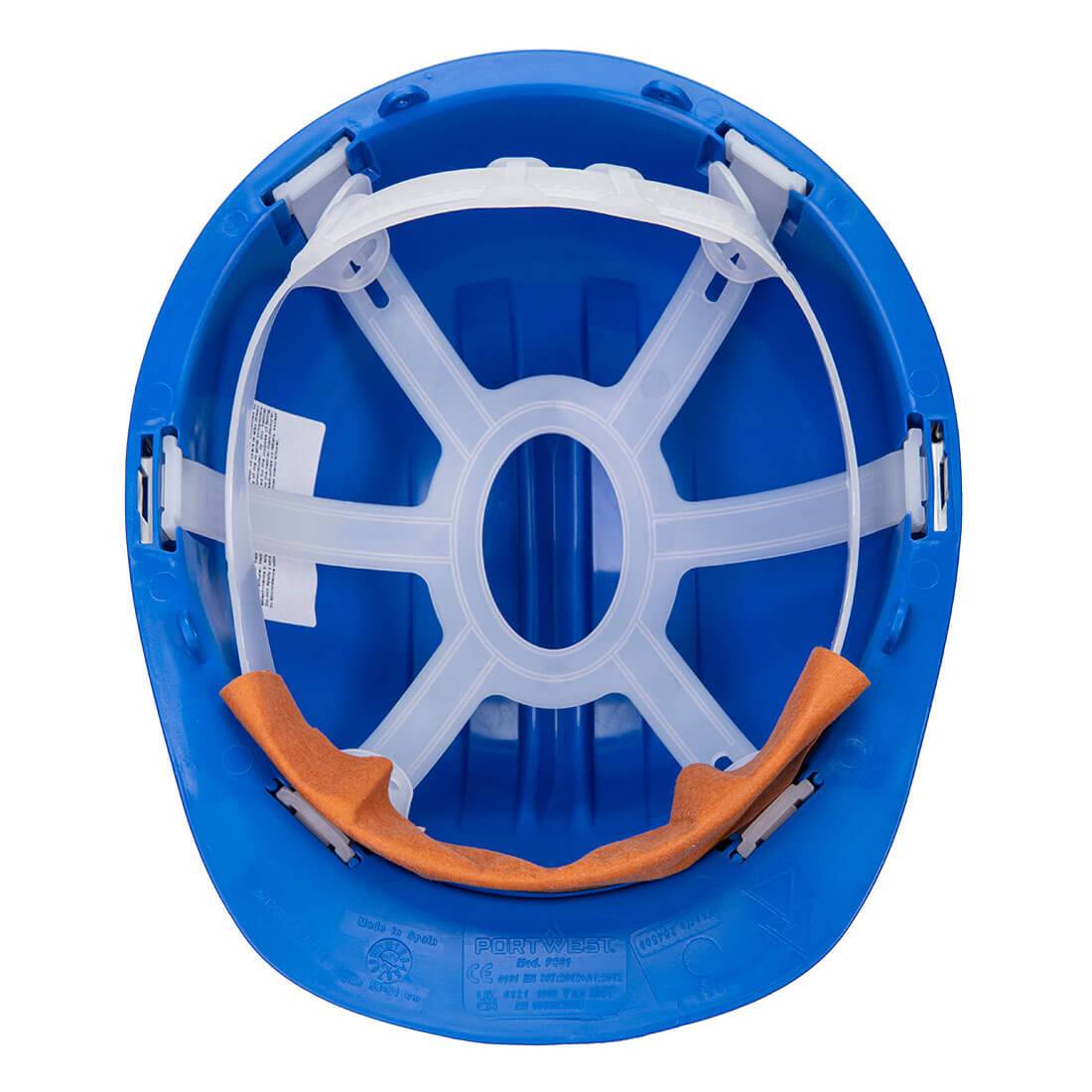 Innenansicht des blauen PS61 Portwest Schutzhelms mit verstellbarem Innenband. Komfortabler Arbeitsschutz gemäß EN 397 Norm.