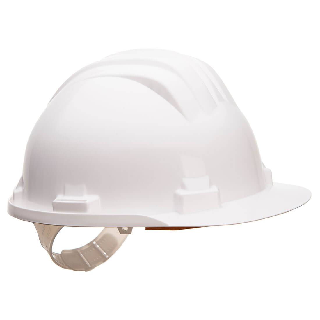 Weißer Arbeitssicherheits-Helm PS61 Portwest für EN 397 konforme Sicherheitsausrüstung. Geeignet für industrielle Anwendungen.