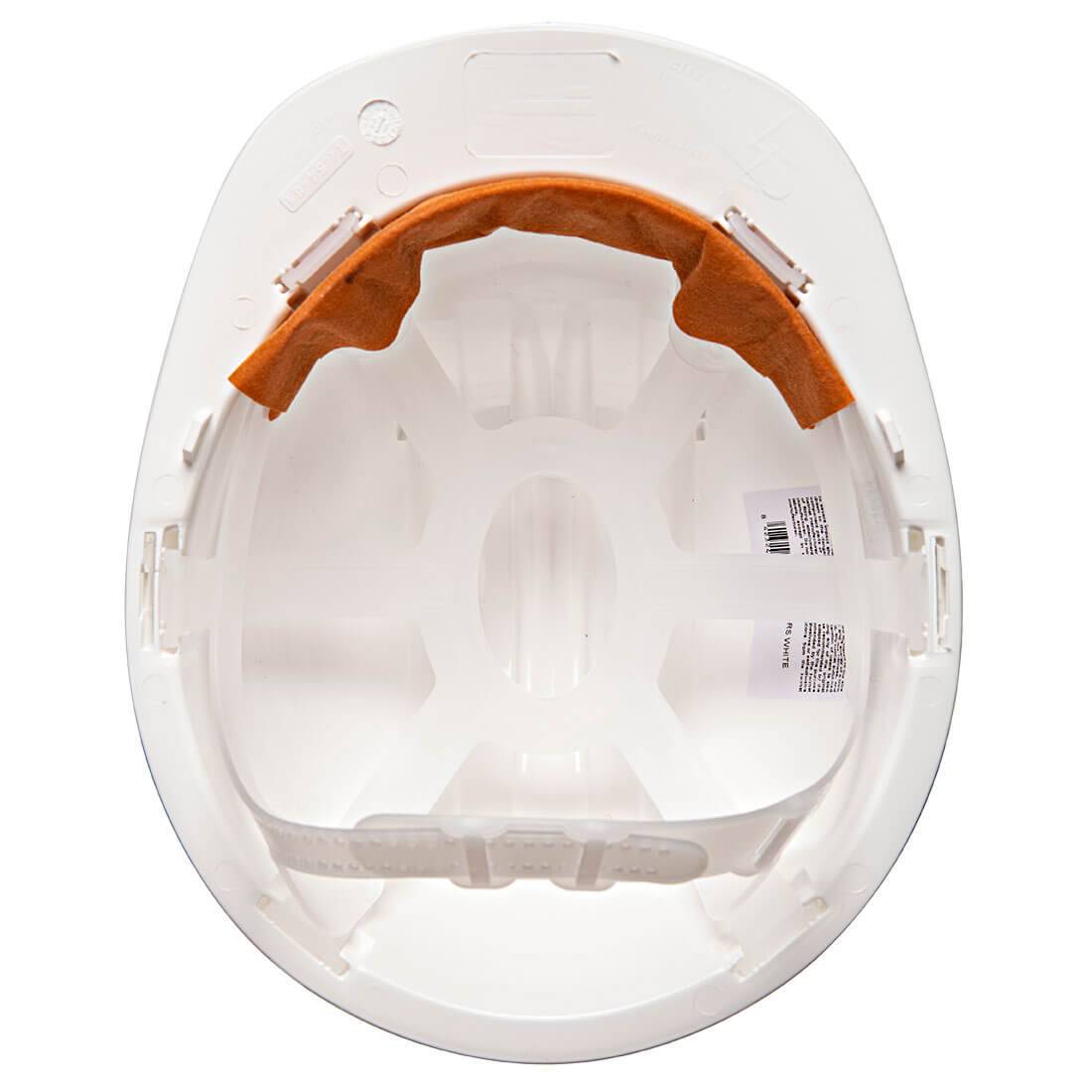 Innenansicht des weißen PS61 Portwest Schutzhelms mit gepolstertem Stirnband. Hochwertiger Schutzhelm für sicheres Arbeiten.