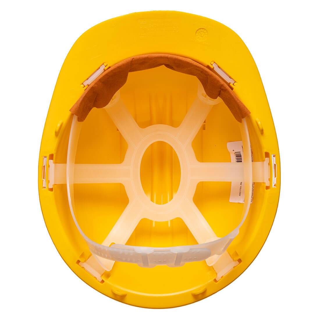 Innenansicht des gelben PS61 Portwest Schutzhelms mit ergonomischem Innenleben. Ideal für normgerechten Arbeitsschutz.