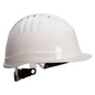 PS62 - Industrieschutzhelm kaufen - Weißer Schutzhelm mit verstellbarem 6-Punkt-Gurt, Belüftung und CE-Zertifizierung für industrielle Sicherheit.
