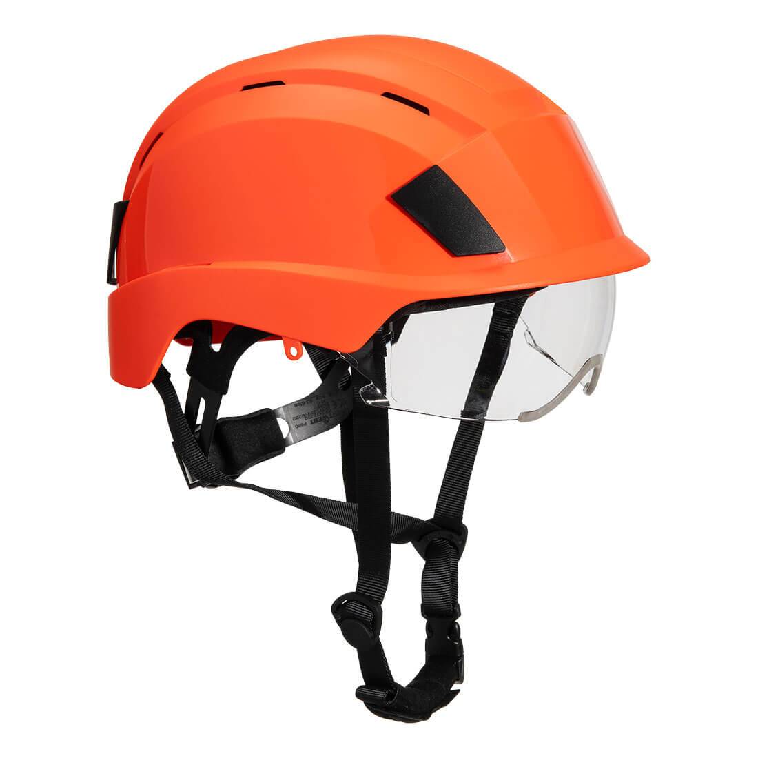Helm mit integriertem Visier - PS80 - in Orange mit verstellbarem Kinnriemen für bequeme Nutzung im Arbeitsschutzbereich.