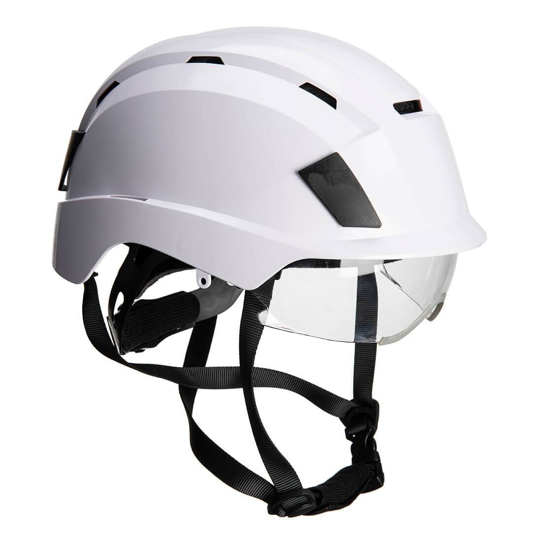 Weißer Schutzhelm PS80 mit integriertem Visier und ergonomischem Design für sicheren Einsatz in Industrie und Bau.