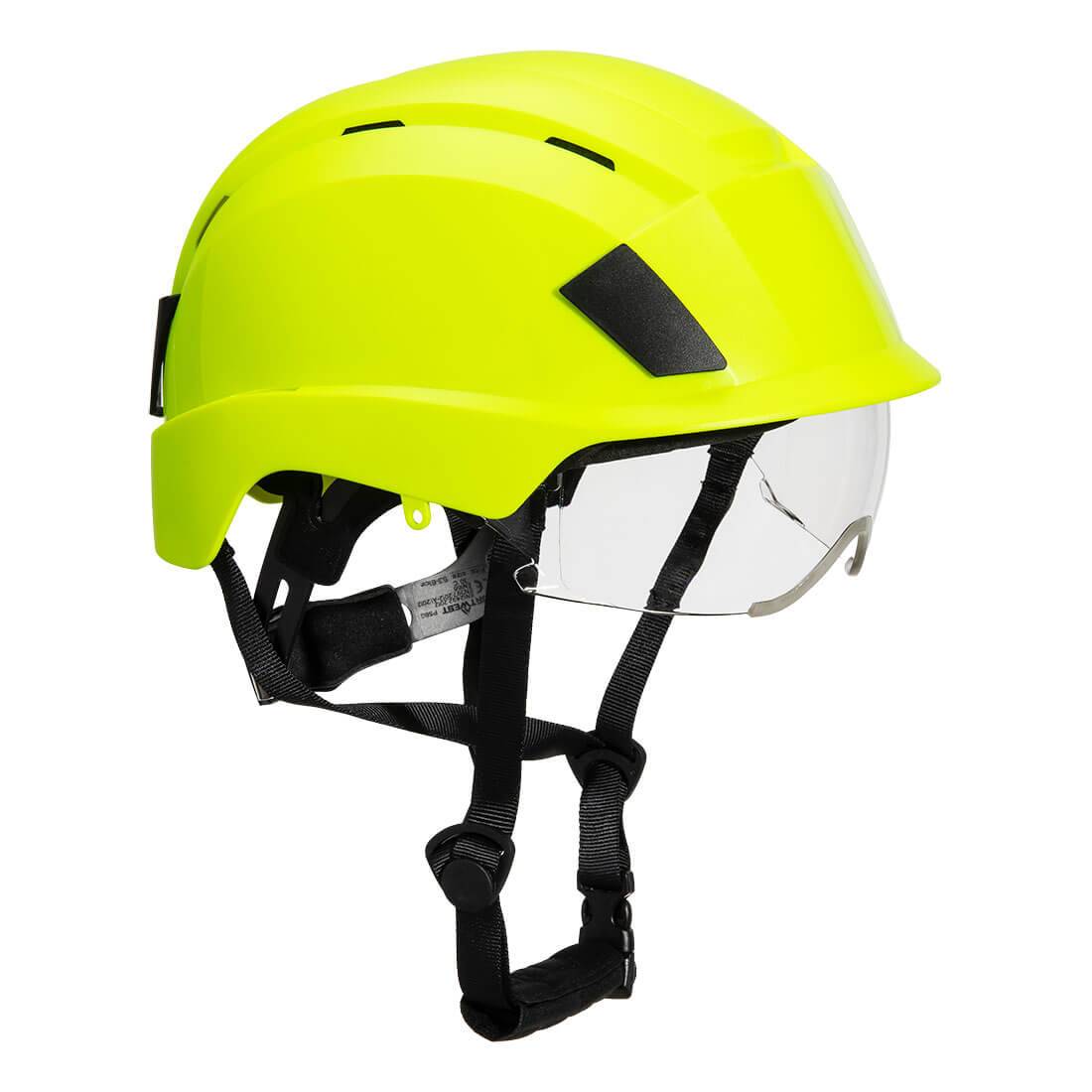 Neongelber Helm mit integriertem Visier - PS80 - für hohe Sichtbarkeit und sicheren Einsatz auf Baustellen.