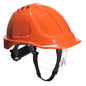 Oranger Helm mit integriertem Visier Endurance Plus PW54 von Portwest, ideal für Arbeitsschutz in Industrieumgebungen.