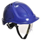 Blauer Schutzhelm mit integriertem Visier Endurance Plus PW54 von Portwest für sicheres Arbeiten auf Baustellen.