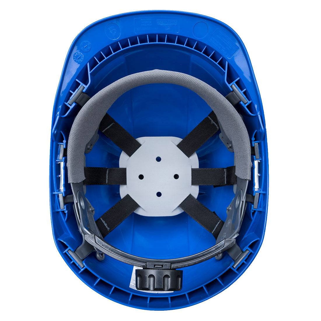 Innenansicht des blauen Portwest PW54 Visierhelms mit gepolstertem Innenfutter und verstellbarem Drehverschluss.