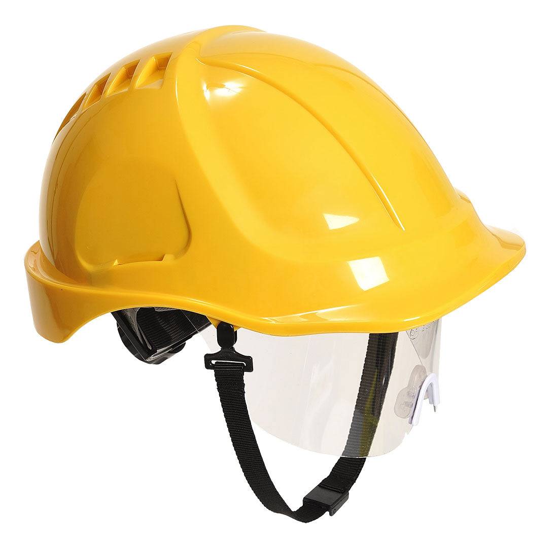 Gelber Schutzhelm mit integriertem Visier Endurance Plus PW54 von Portwest, geeignet für Bau- und Industrieeinsätze.