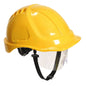 Gelber Schutzhelm mit integriertem Visier Endurance Plus PW54 von Portwest, geeignet für Bau- und Industrieeinsätze.