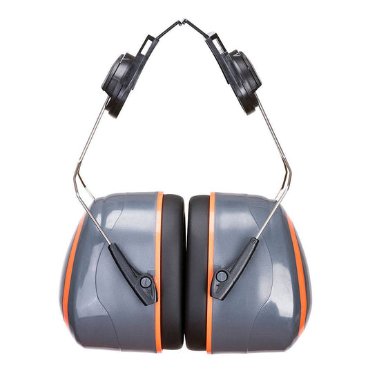 Kapselgehörschutz PW62 Portwest HV Extreme Clip-On in Grau/Orange mit robustem Design für industrielle Lärmschutzanwendungen.