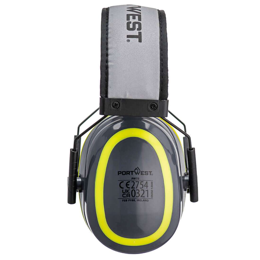 Seitenansicht des HV PW73 Kapselgehörschutz-Portwest SNR 28dB mit CE-Kennzeichnung, ergonomischem Design und hoher Sichtbarkeit für Arbeitssicherheit.