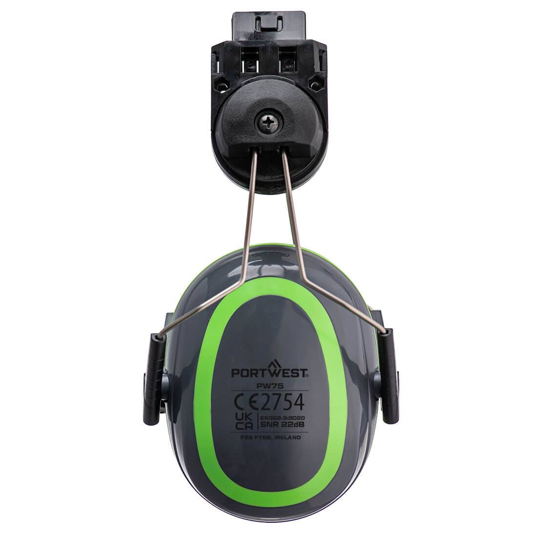 Kapselgehörschutz - PW75 - Portwest HV Extreme Clip-On niedrig Grau/Grün mit CE-Zertifizierung, ideal für industrielle Lärmschutzanwendungen.