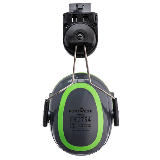 Kapselgehörschutz - PW75 - Portwest HV Extreme Clip-On niedrig Grau/Grün mit CE-Zertifizierung, ideal für industrielle Lärmschutzanwendungen.