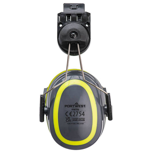 Kapselgehörschutz - PW76 - Portwest HV Extreme Clip-On in Grau/Gelb mit Helm-Befestigung, ideal für industrielle Lärmschutzanwendungen.
