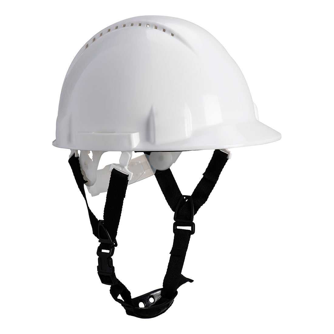 PW97 - Monterosa Montageschutzhelm in Weiß, belüftet und bequem, ideal für Höhenarbeiten, CE zertifiziert mit sicherem Kinnriemen.