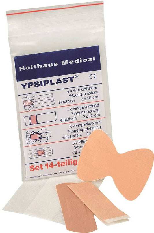 Pflasterset YPSIPLAST® DIN - 14-teiliges Erste-Hilfe-Set mit verschiedenen Pflastern für Finger und Wunden, ideal für Auto und Betrieb.