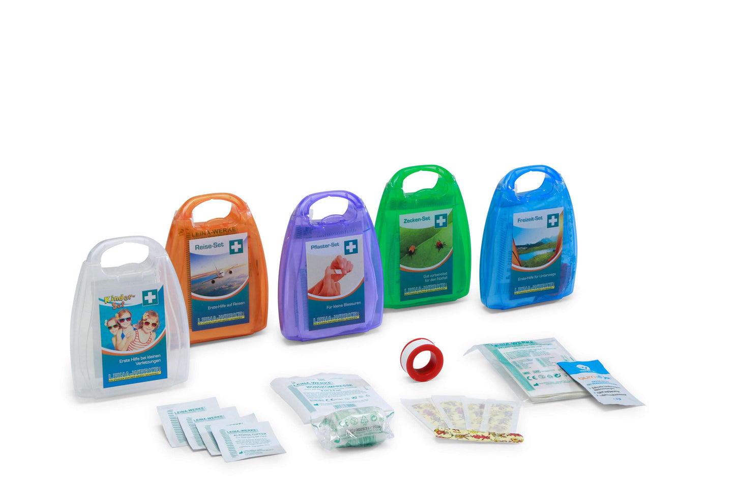 Erste Hilfe-Box Unterwegs - Kompakt & Vorbereitung | Mini Kit in fünf Farben mit Inhalt wie Pflaster, Verbände und Desinfektionstücher.