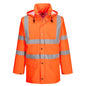 Regenjacke Ultra Warnschutz RT50 von Sealtex™ Portwest mit Kapuze, Frontansicht, wasserdicht und ideal für Arbeitssicherheit bei schlechtem Wetter.