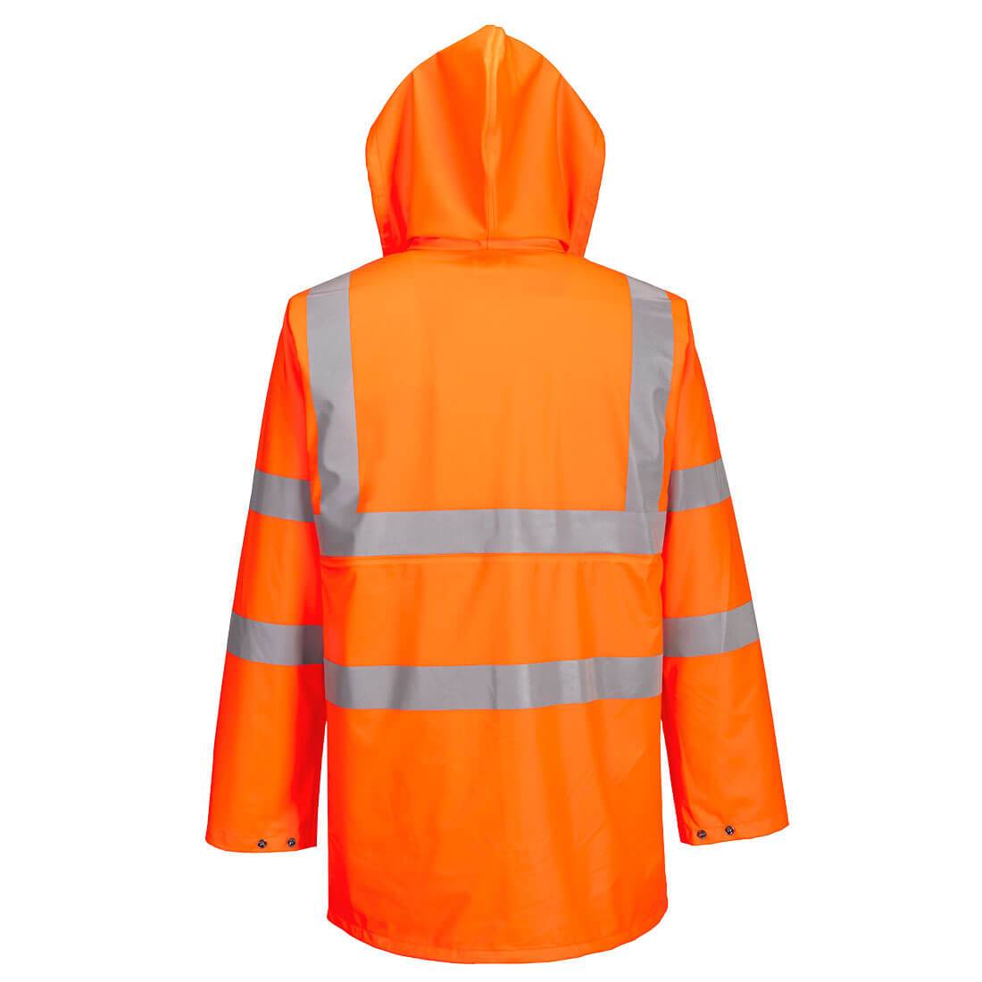 Regenjacke Ultra RT50 - Wasserdicht, Sichtbar | Wetterschutz in leuchtendem Orange mit reflektierenden Streifen, Rückansicht für maximale Sichtbarkeit.