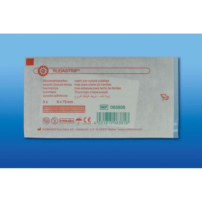 Detailansicht der RUDASTRIP® Verpackung mit Produktinformationen und Größenangabe 6 x 75 mm für atraumatischen Wundverschluss.