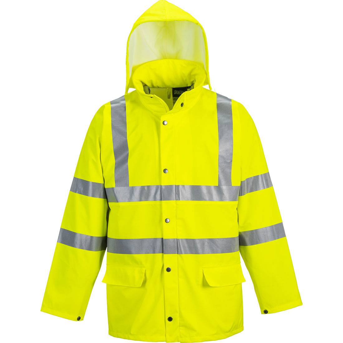 Portwest Regenjacke Ultra Warnschutz S491 in Gelb mit Kapuze, Druckknöpfen und Sealtex™-Material für optimalen Schutz bei schlechtem Wetter.
