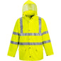 Portwest Regenjacke Ultra Warnschutz S491 in Gelb mit Kapuze, Druckknöpfen und Sealtex™-Material für optimalen Schutz bei schlechtem Wetter.