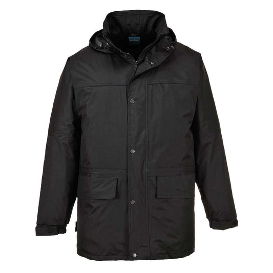 Vorderansicht der schwarzen wasserdichten Winterjacke Oban S523 mit Druckknöpfen, Kapuze und großen Taschen. Perfekt für kalte, nasse Bedingungen.