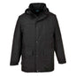 Vorderansicht der schwarzen wasserdichten Winterjacke Oban S523 mit Druckknöpfen, Kapuze und großen Taschen. Perfekt für kalte, nasse Bedingungen.