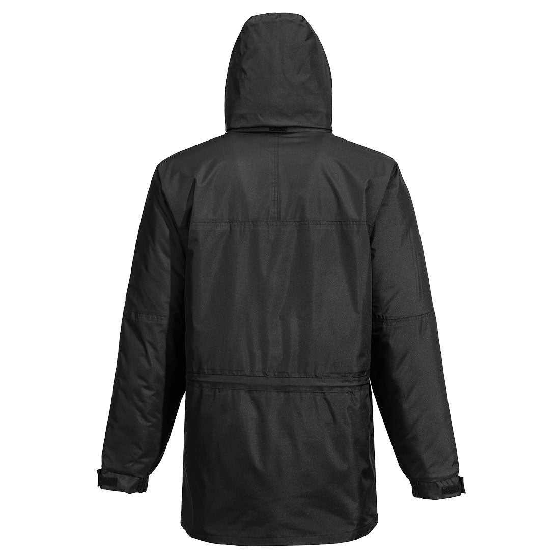 Rückansicht der wasserdichten Winterjacke Oban S523 in Schwarz mit Kapuze und verstellbaren Ärmelbündchen. Ideal für Outdoor-Aktivitäten im Winter.