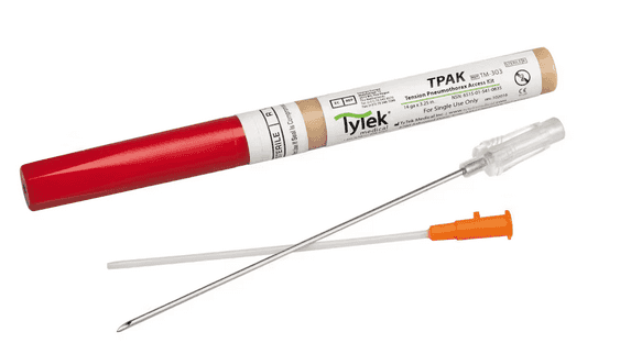 TPAK Entlastungspunktionsnadel mit roter Schutzkappe und Führungsnadel für sichere Flüssigkeitsentnahme bei Aszites. Ideal für medizinische Anwendungen.