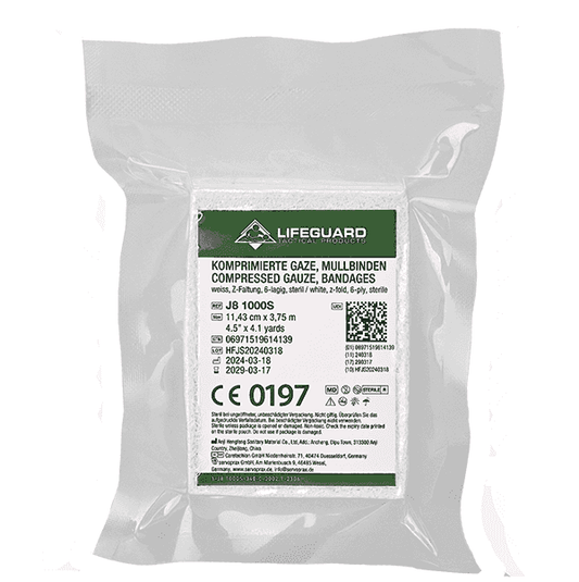 Kaufen Komprimierte Gaze Lifeguard Weiß, 6-lagig, steril verpackt in transparenter Vakuumfolie, 10 cm x 3,75 m für Erste Hilfe Sets.