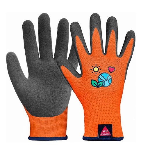 Kinderhandschuh Kids 5 Gr. 05 in Orange mit grauer Innenfläche und Umweltmotiv, ideal für Kinder von 9–12 Jahren im Arbeitsschutzbereich.