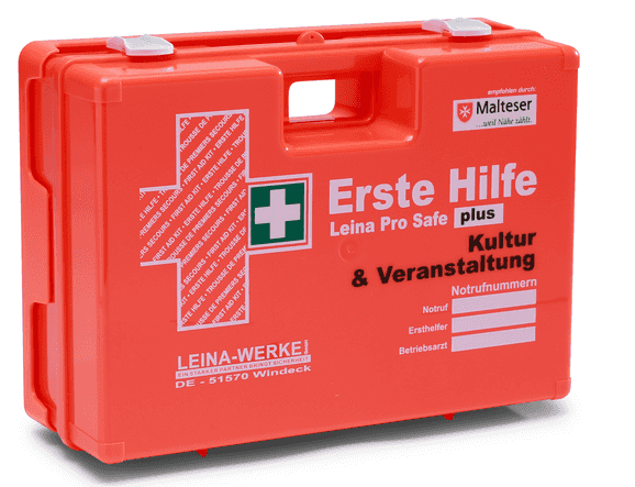 Erste Hilfe Verbandkoffer Leina-Werke Pro Safe plus für Kultur & Veranstaltung, orange, nach DIN 13169, für Events und Bühnenbereiche.