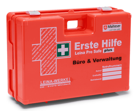 Leina-Werke Erste Hilfe Koffer Pro Safe plus für Büro & Verwaltung, orange, nach DIN 13169, für den Einsatz in Verwaltungsgebäuden.