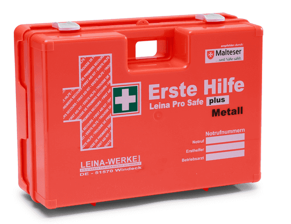 Erste Hilfe Verbandkoffer Leina-Werke Pro Safe plus für Metallverarbeitung, orange, nach DIN 13169, für metallverarbeitende Betriebe.