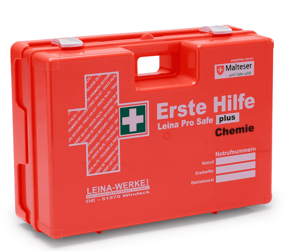 Erste Hilfe Verbandkoffer Leina-Werke Pro Safe plus für Chemie, orange, nach DIN 13169, geeignet für chemische Arbeitsbereiche.