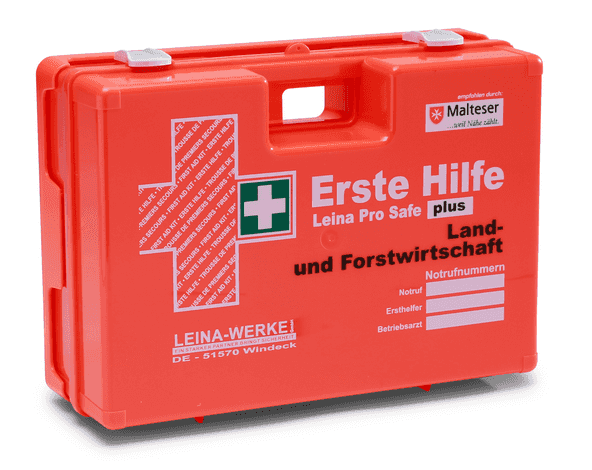 Leina-Werke Erste Hilfe Verbandkoffer Pro Safe plus für Land- und Forstwirtschaft, orange, nach DIN 13169, robust für den Außeneinsatz.