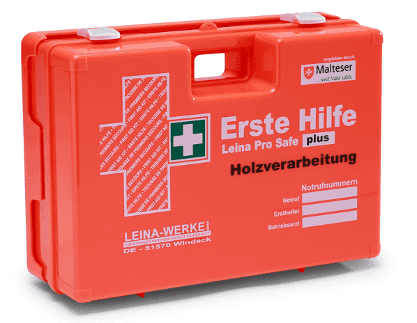 Erste Hilfe Koffer Leina-Werke Pro Safe plus für Holzverarbeitung, orange, nach DIN 13169, speziell für holzverarbeitende Betriebe.
