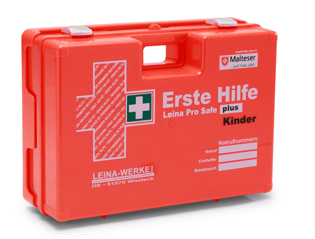 Leina-Werke Erste Hilfe Verbandkoffer Pro Safe plus für Kinder, orange, nach DIN 13169, ideal für Schulen und Kindergärten.