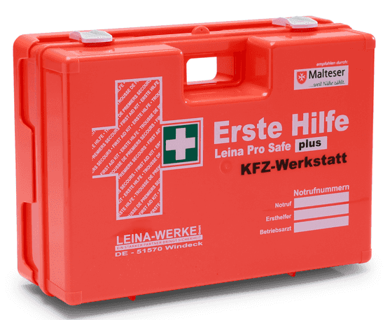 Erste Hilfe Koffer Leina-Werke Pro Safe plus für KFZ-Werkstatt, orange, nach DIN 13169, optimal für den Einsatz in Autowerkstätten.