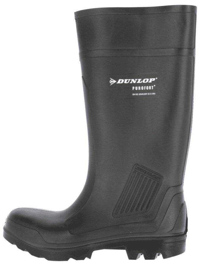 Schwarzer Sicherheitsstiefel Dunlop® Purofort® S5 mit Stahlkappe und Stahlzwischensohle, gefertigt aus robustem Polyurethan, ideal bis -20 °C.