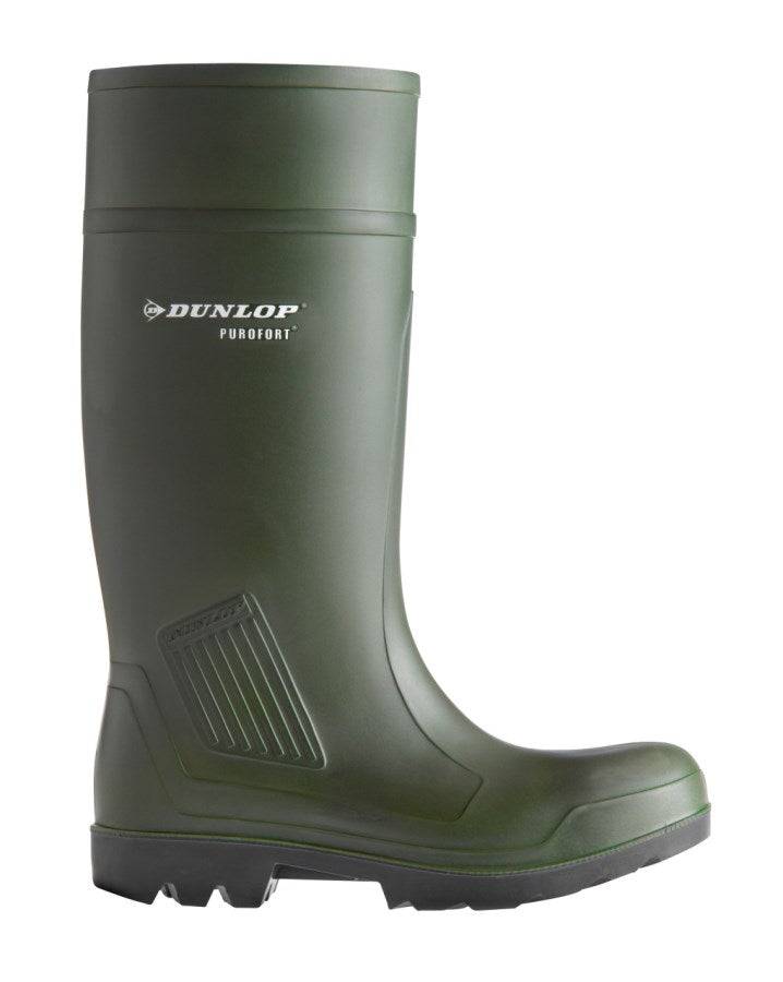 Grüner Sicherheitsstiefel Dunlop® Purofort® S5 aus geschäumtem Polyurethan mit Stahlkappe und Stahlzwischensohle, geeignet bis -20 °C.