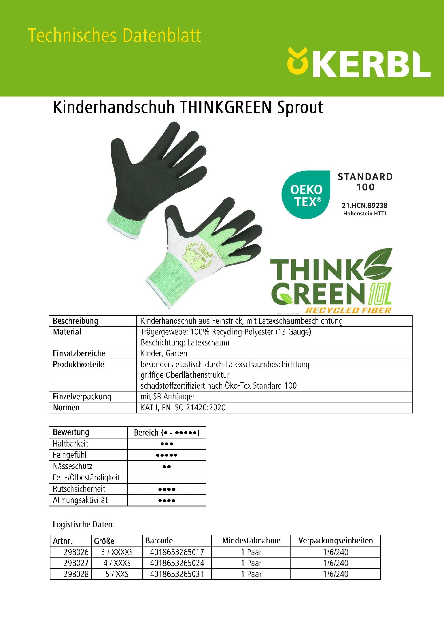 Technisches Datenblatt des THINKGREEN Sprout Kinderhandschuhs aus Recycling-Polyester mit Naturlatexbeschichtung.