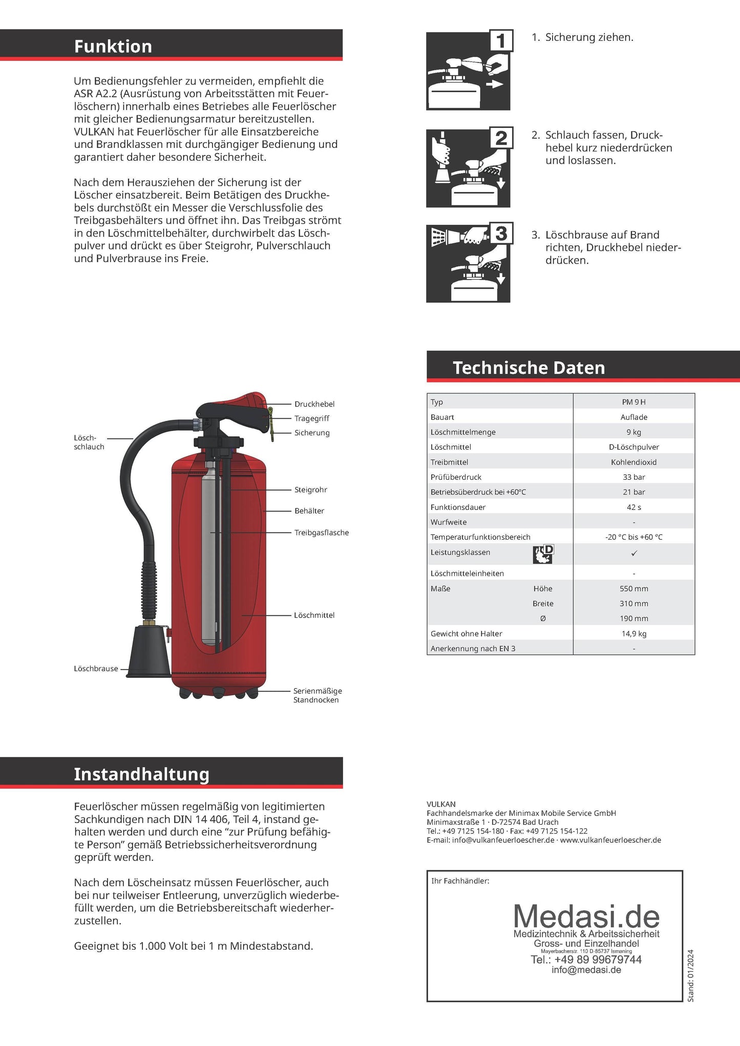 Bedienungsanleitung und technische Daten zum Metallbrand-Aufladefeuerlöscher PM 9 H von Vulkan, ideal für Aluminium- und Magnesiumbrände.